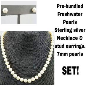 3pc set Genuine freshwater pearls Hand tied Necklace w/ genuine pearl earrings